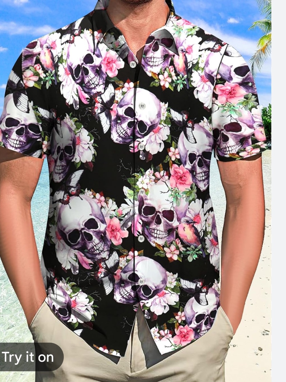 Men's Black Floral Skull Short-Sleeve Swim Shirt